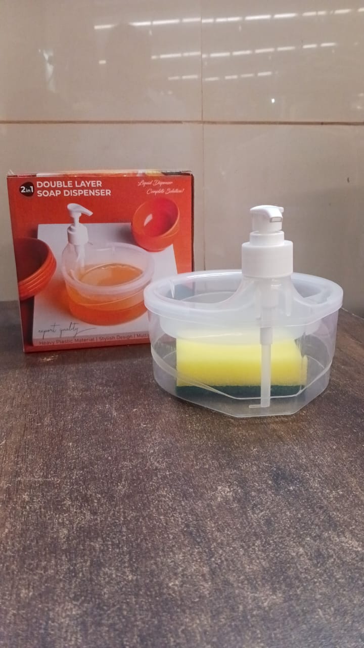 Stylish liquid soap dispenser and sponge holder set, keeping countertops clutter-free.