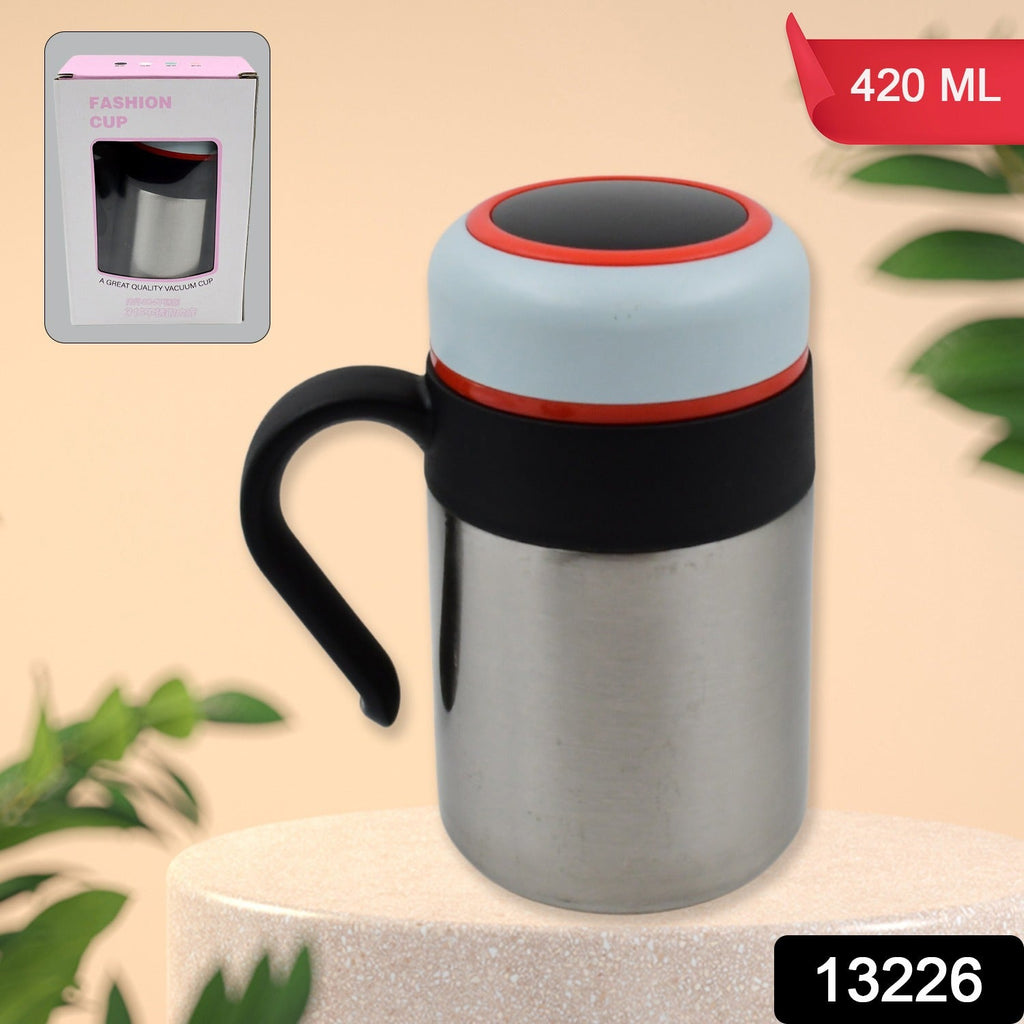 Close-up of the durable stainless steel vacuum insulated mug.