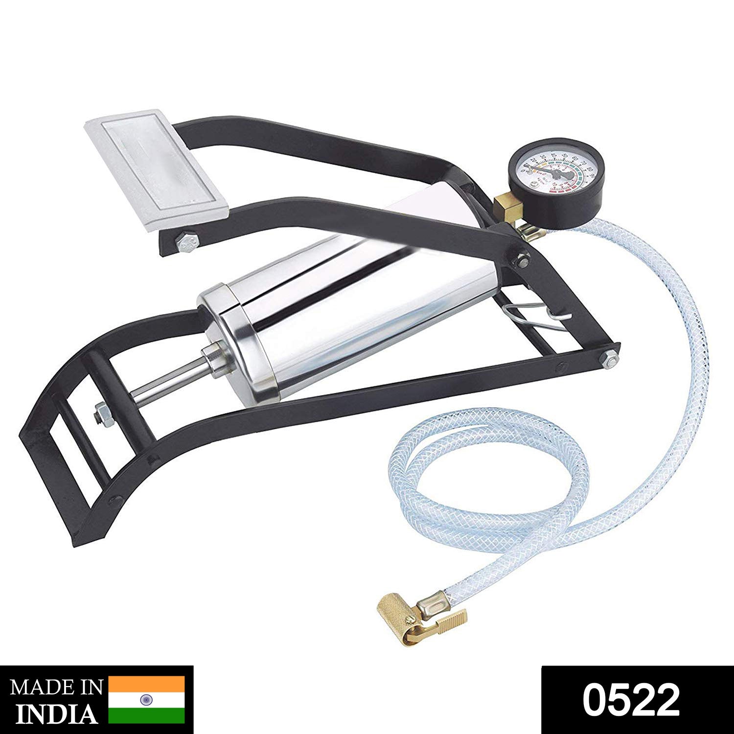Heavy-duty steel foot pump with gauge for car and bike tires.
