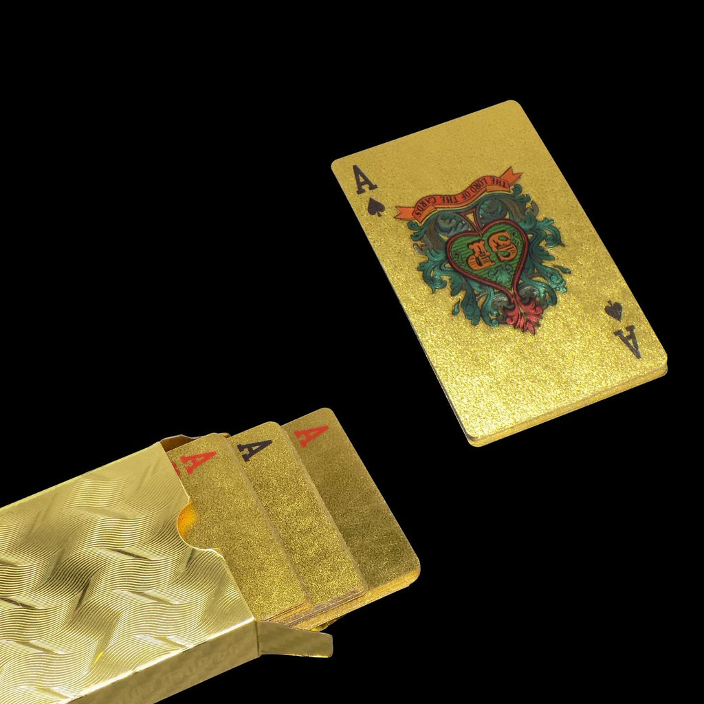 Luxury gold playing cards stacked, highlighting their high-end feel.