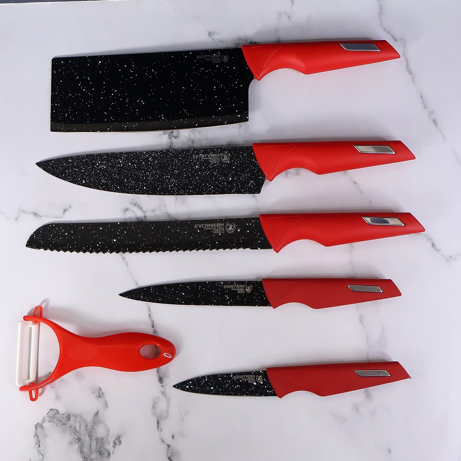 Stylish marble-coated kitchen knife set ideal for chopping and slicing
