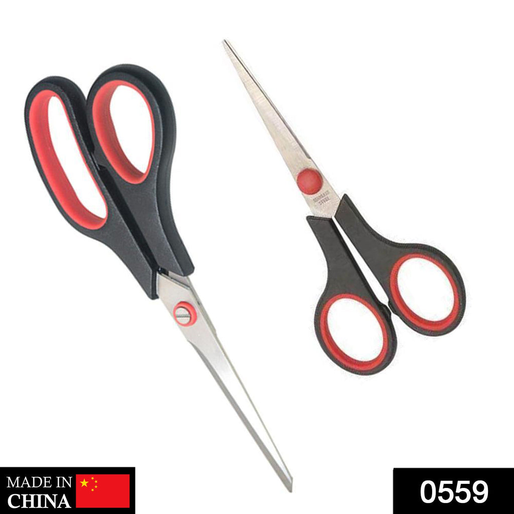 Two durable stainless steel scissors, a large and a medium, for home and office tasks.