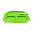 Top-down view of an empty white 3-compartment food plate.