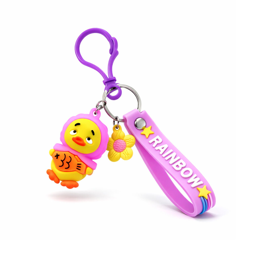 Metal key ring and cartoon duck pendant on rainbow silicone strap keychain