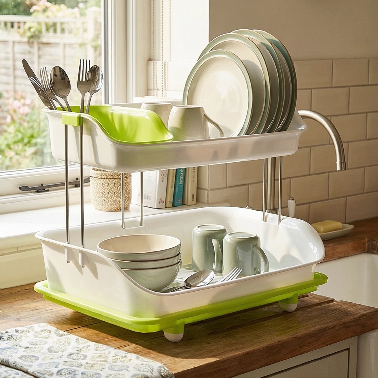 Kitchen dish rack organizer with water drain tray for enhanced countertop organization