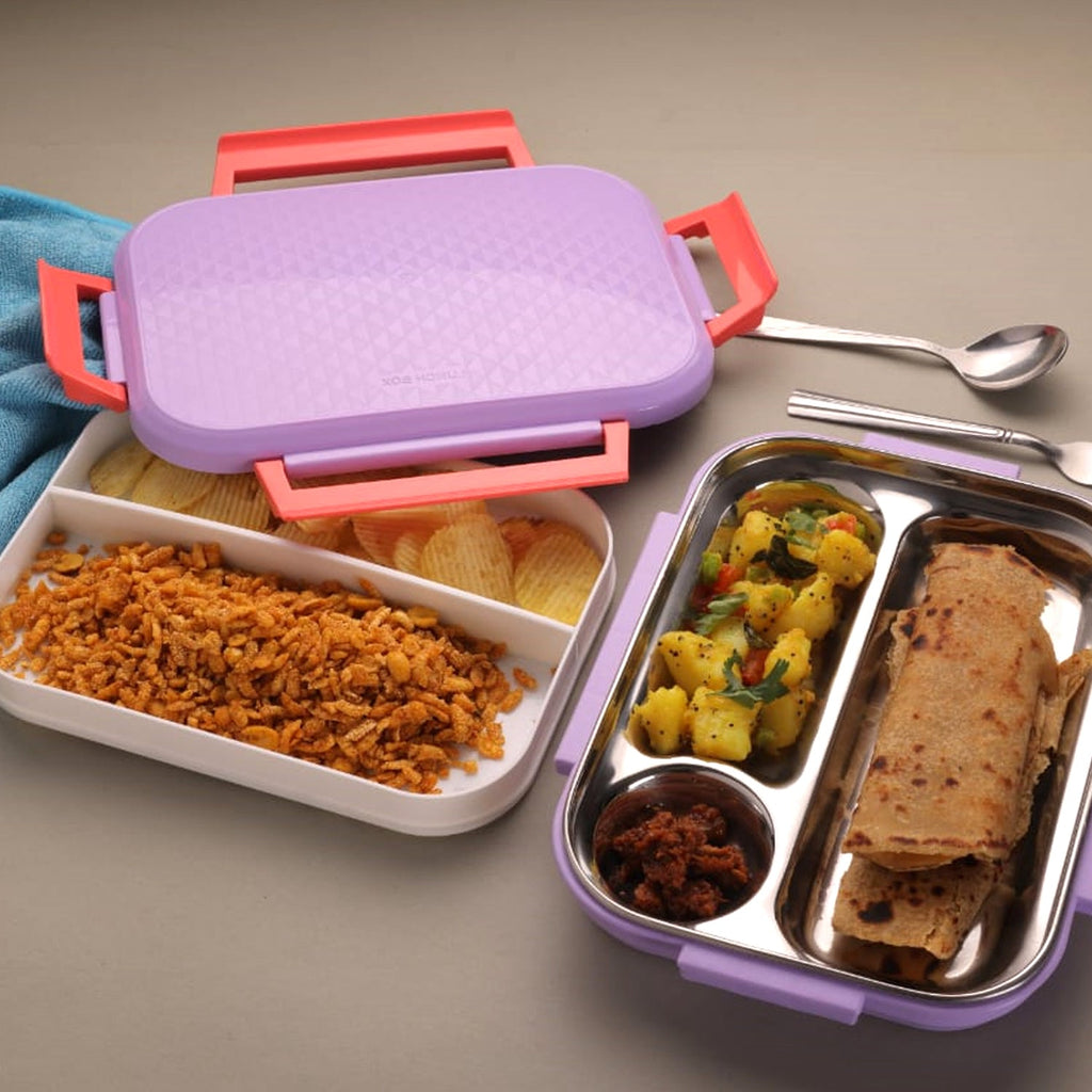Premium multi-compartment steel lunch box with lid, perfect for office meals.