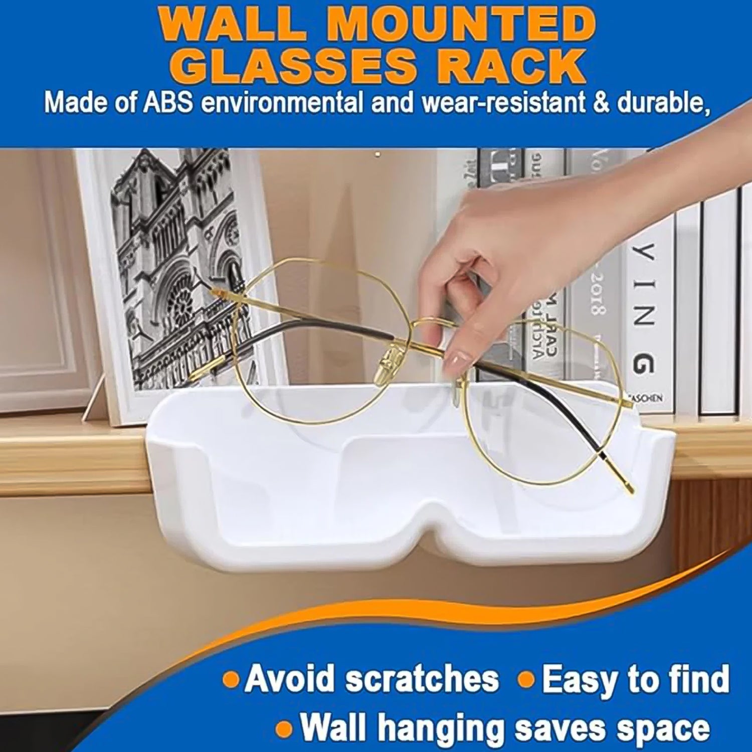Bathroom wall featuring the adhesive sunglasses organizer, providing convenient access to eyewear.