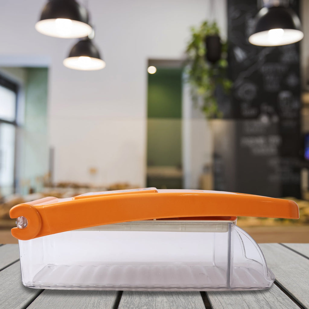 Close-up detail of vegetable chopper stainless steel blade for precise slicing