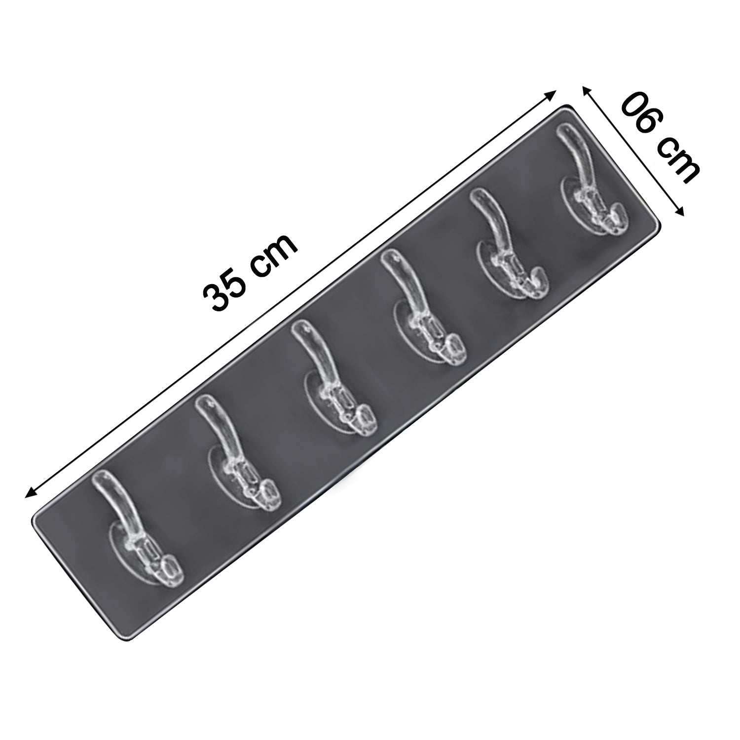 Elegant golden and transparent 6-pin hooks providing storage on a bathroom wall.