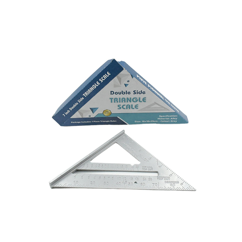 An ergonomic view of the 7-inch aluminum rafter square on a construction blueprint.