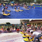 Inflatable surfboard for kids displayed with its key features and dimensions.