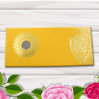 Hand holding a decorative cash gift envelope with a unique self-closure design.