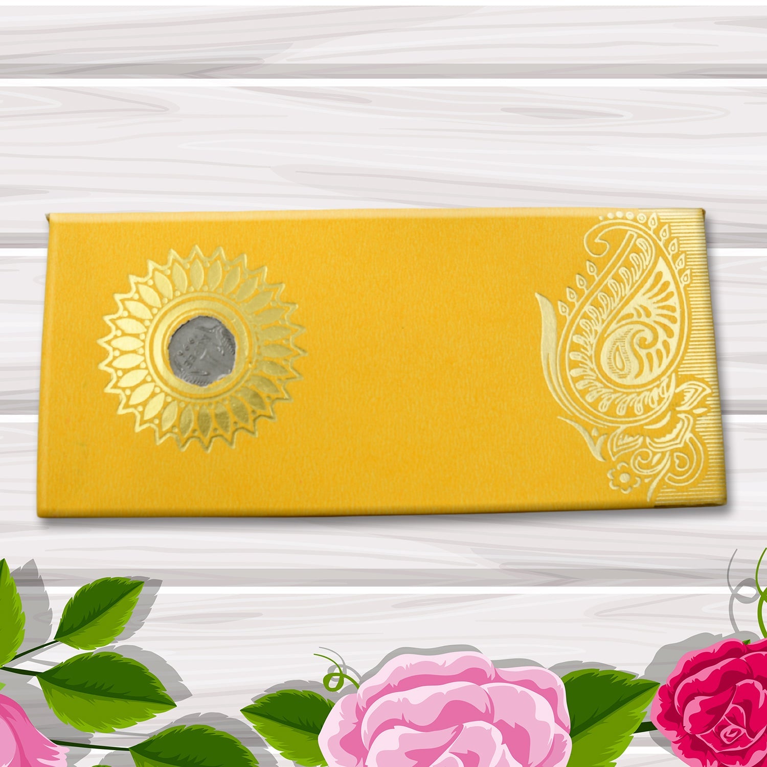 Hand holding a decorative cash gift envelope with a unique self-closure design.