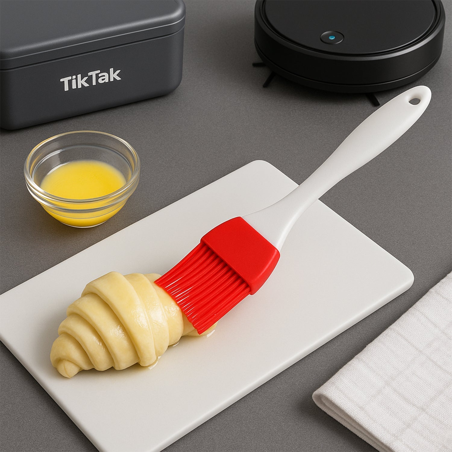 Silicone spatula and pastry brush in use for intricate cake decoration.