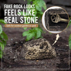 Fake rock key hider subtly placed within an outdoor garden setting.