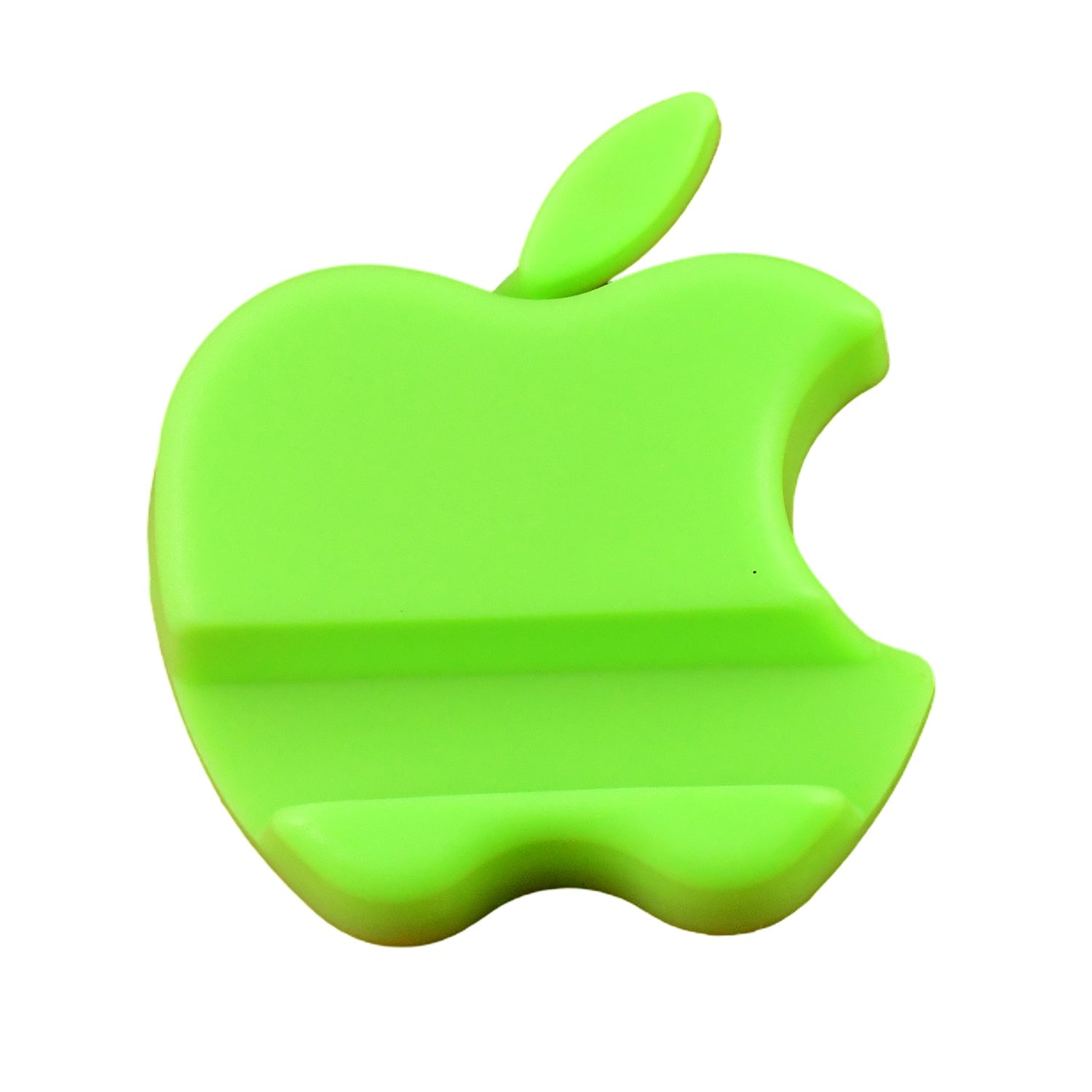 Red apple-shaped phone mount supporting a smartphone in landscape mode