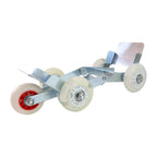 Close-up of motorcycle front roller stand with 4 nylon wheels for easy repositioning