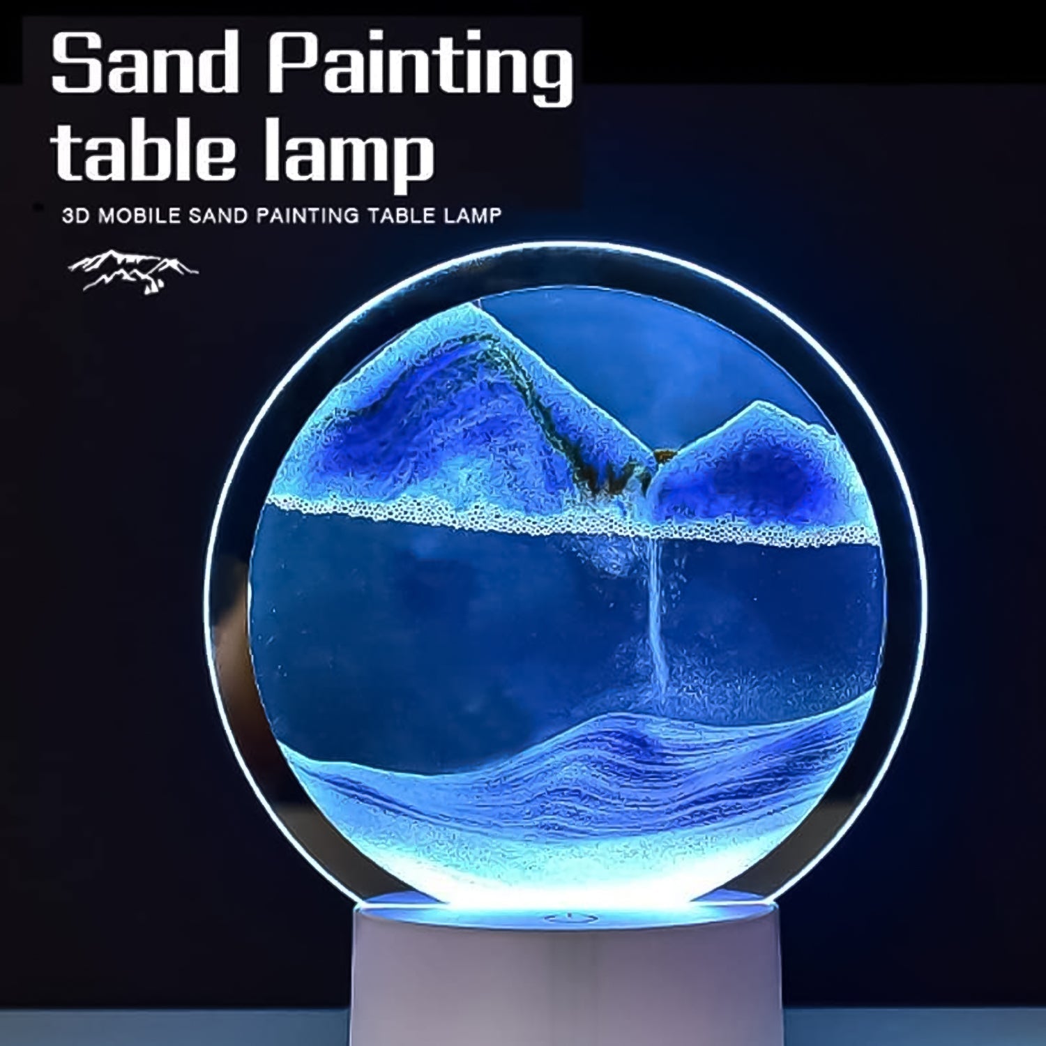Colorful Moving Sand Art in its elegant round glass frame, enhancing any room's aesthetic.