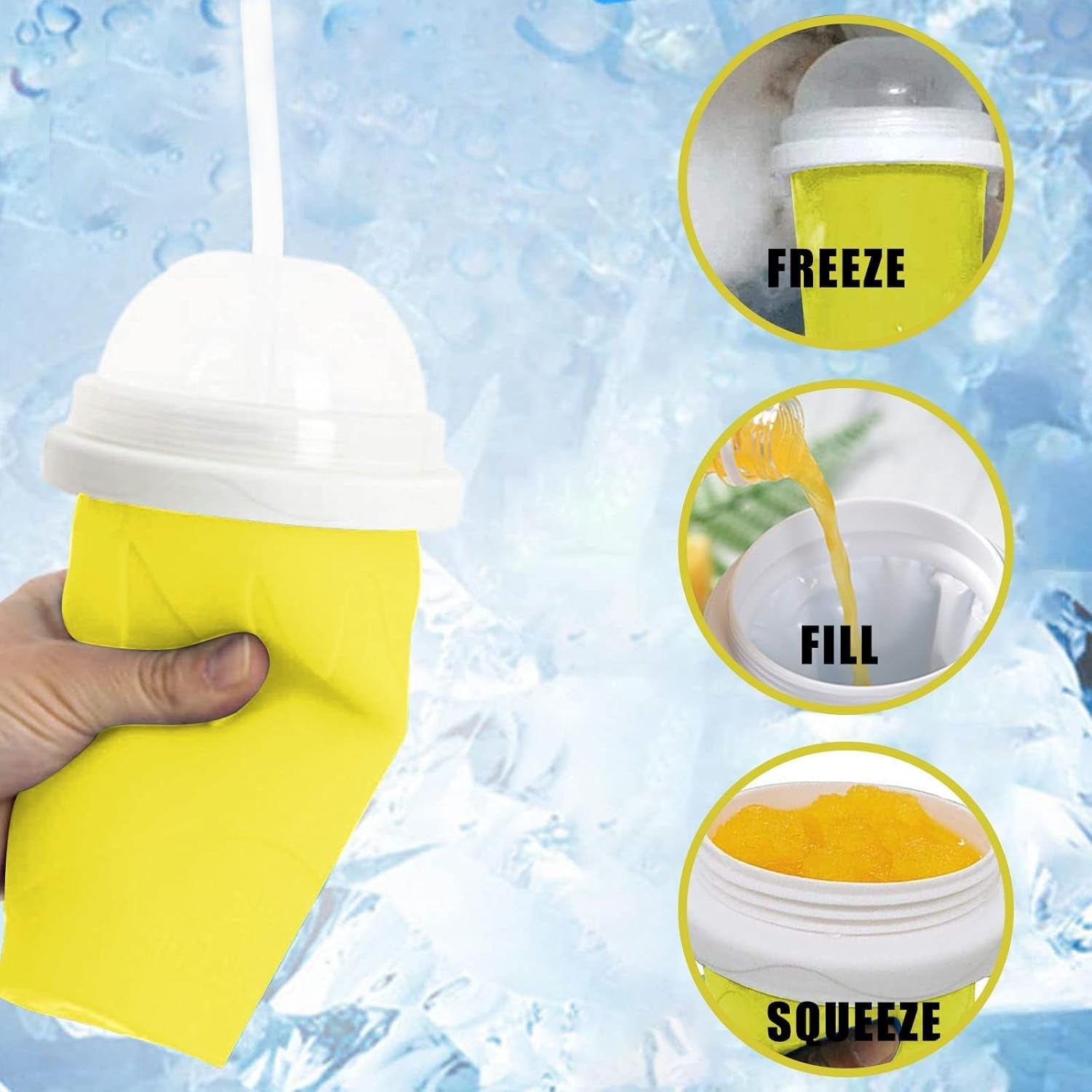 Refreshing blue slushy being made in the innovative Slushy Squeeze Cup.