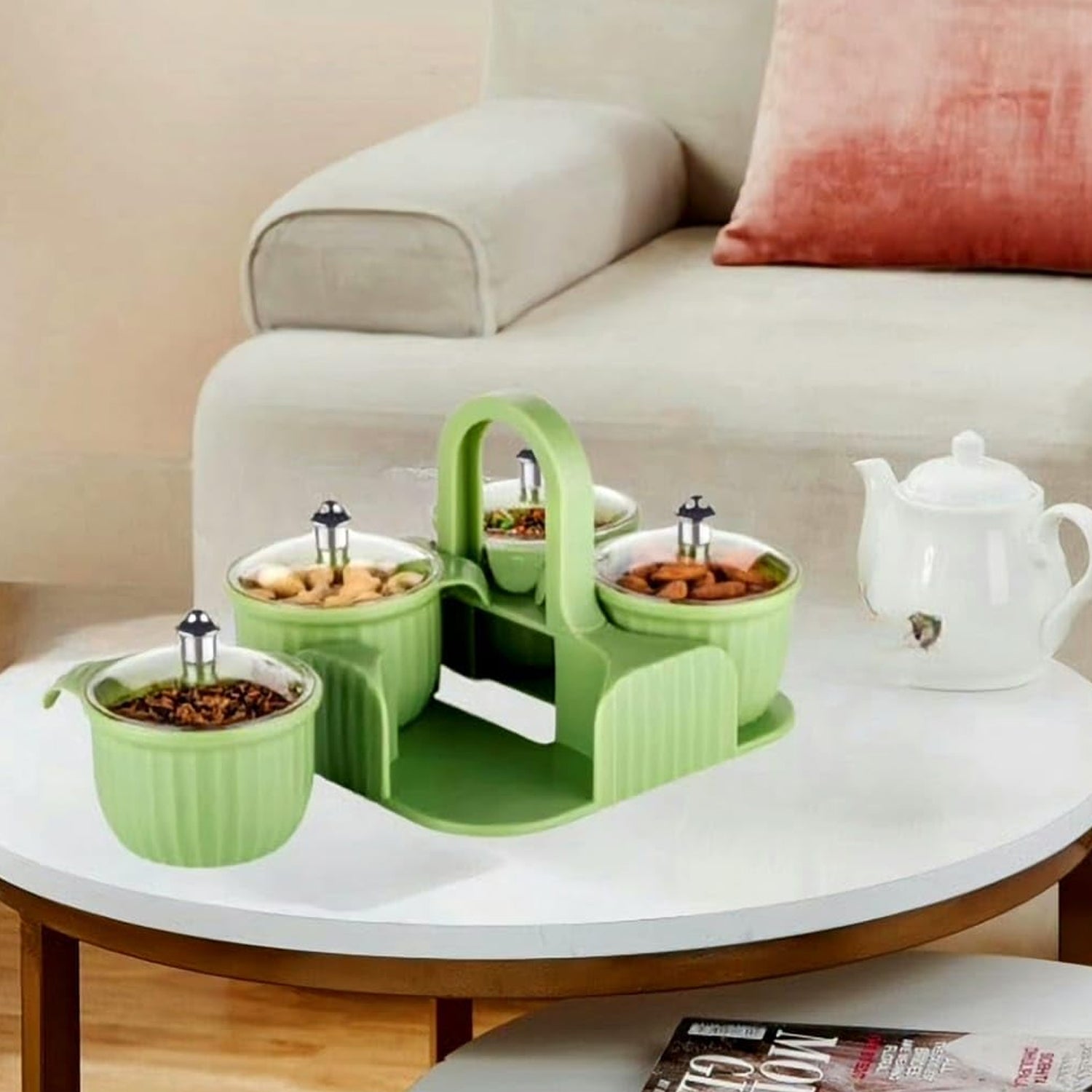 Organivo plastic storage containers neatly arranged on a modern kitchen counter.