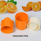 Durable handheld fruit juicer, a blend of BPA-free plastic and metal parts.