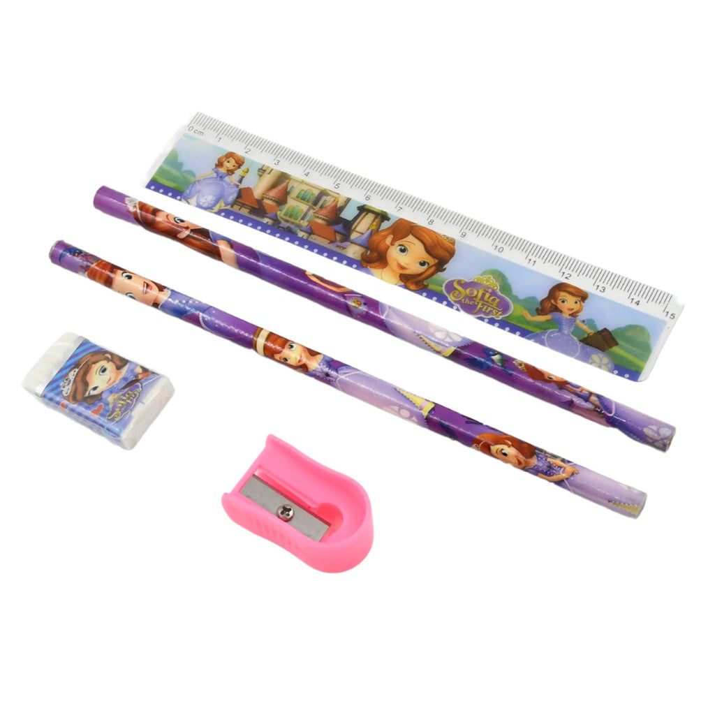 Full view of the five-piece cartoon design stationery set on a desk.