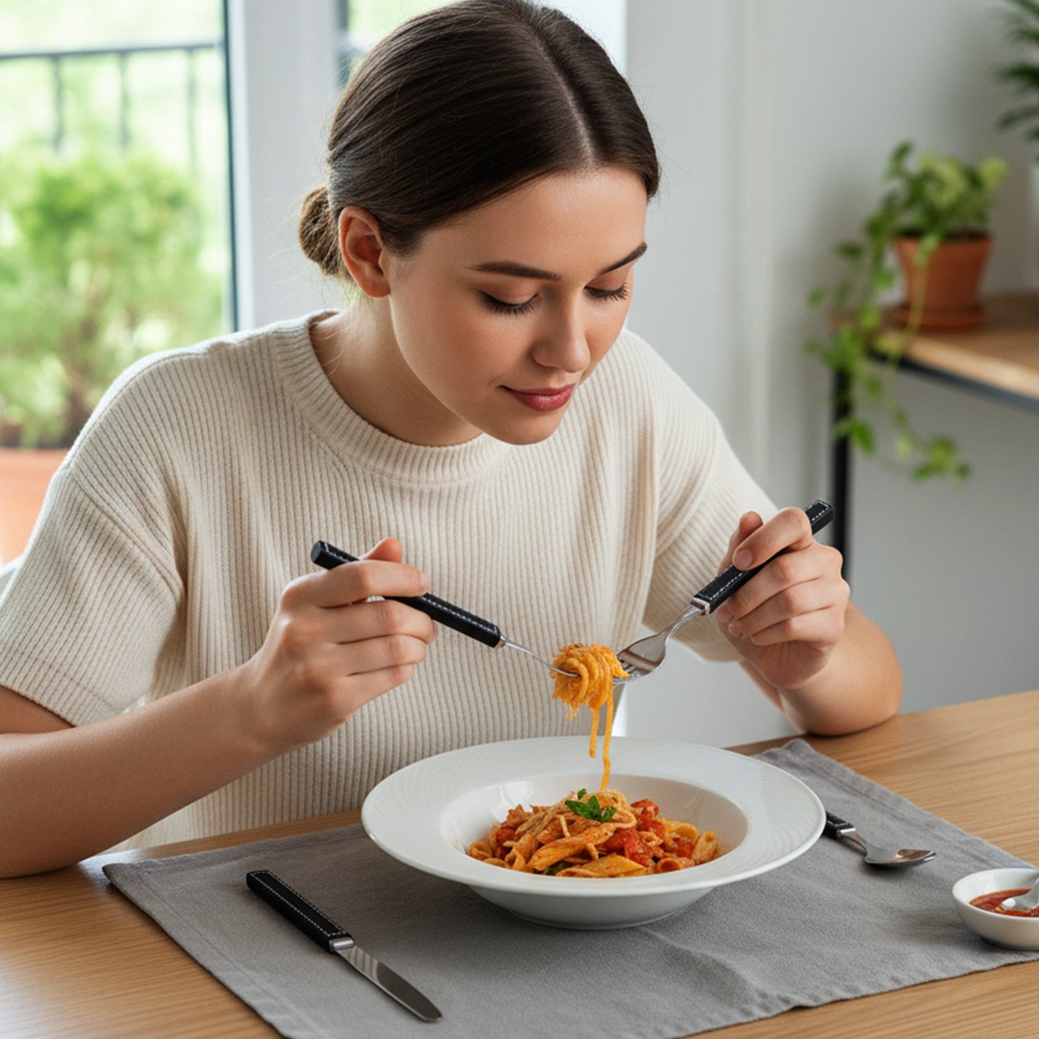 Side view of stainless steel cutlery set with ergonomic plastic handles