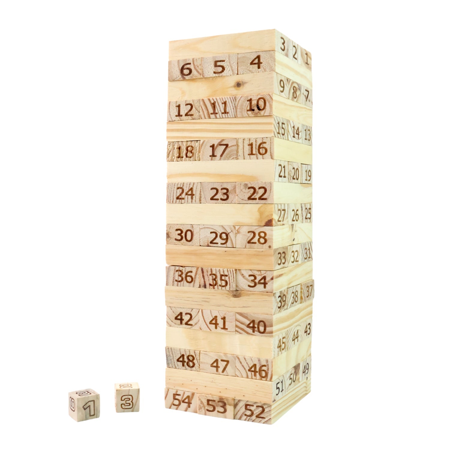 Stacking tower game using natural wooden blocks with numbers