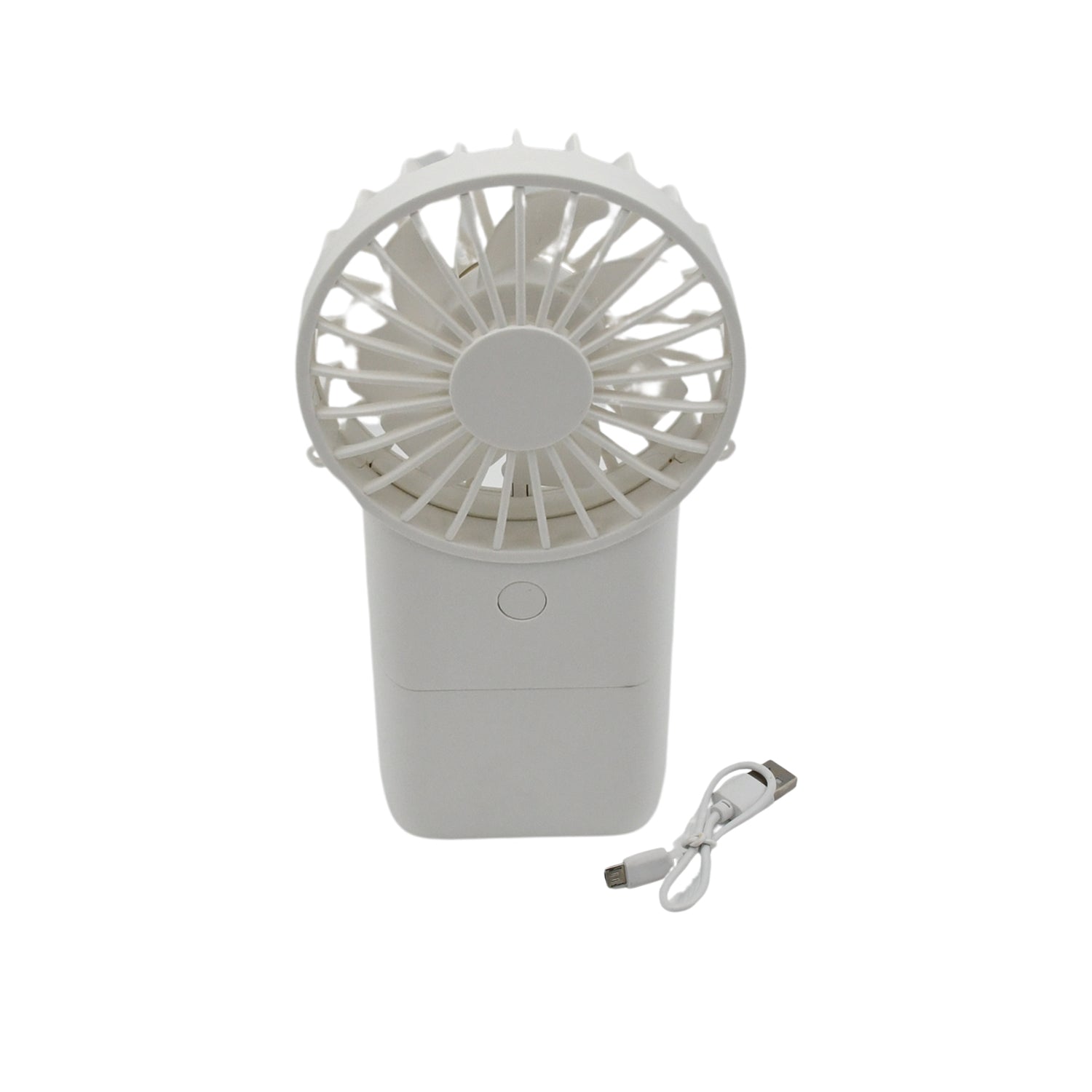 Mini electric fan standing on a desk next to a laptop, ideal for office or study.