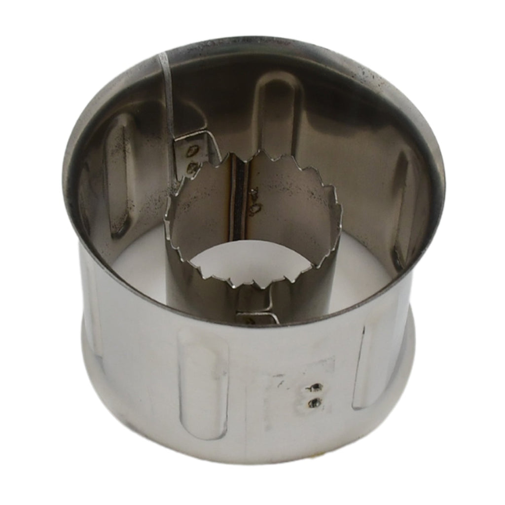 Compact and portable stainless steel corn cutter tool for easy storage.