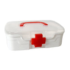 An empty medicine storage box with its lid open, showcasing the internal space and sturdy plastic construction.