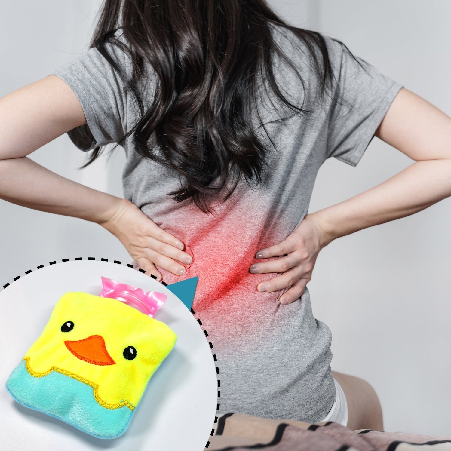 Small hot water bag with yellow duck print, ideal for targeted pain relief.