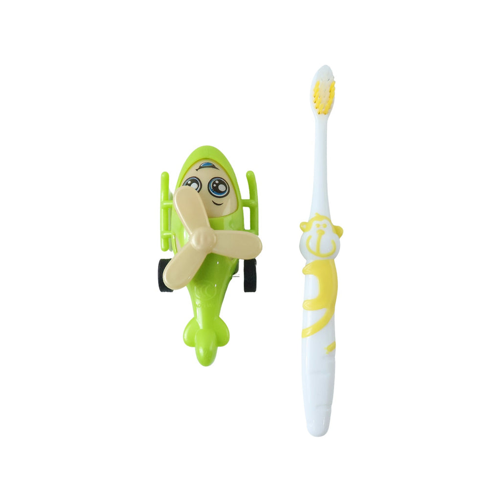Children brushing with fun helicopter toy toothbrush