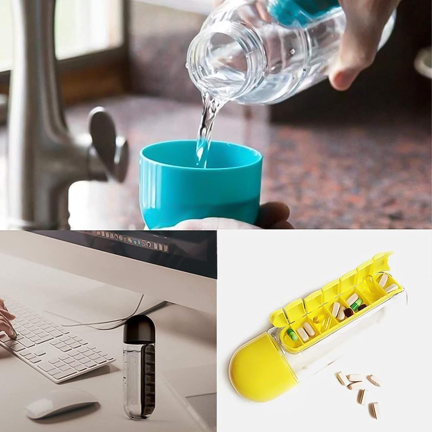 Pill Organizer Water Bottle in mixed colors, highlighting the separate compartments.