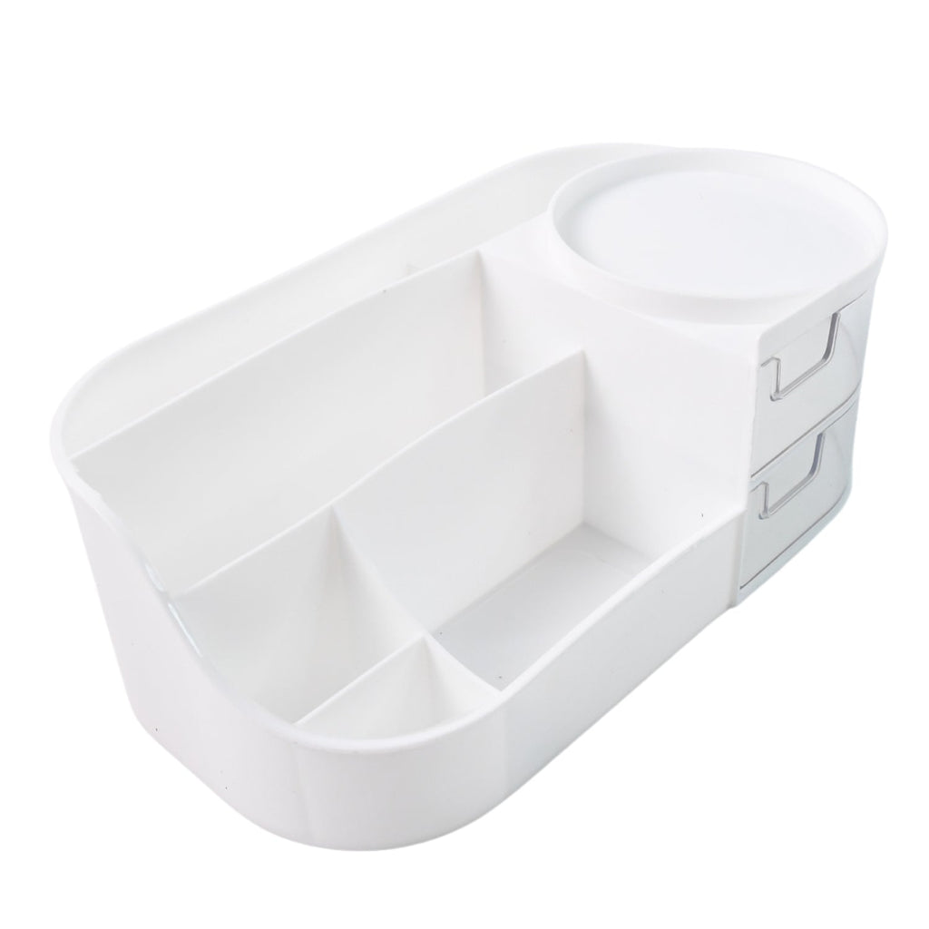 Makeup storage caddy featuring dual-layer drawers and rotating top tray