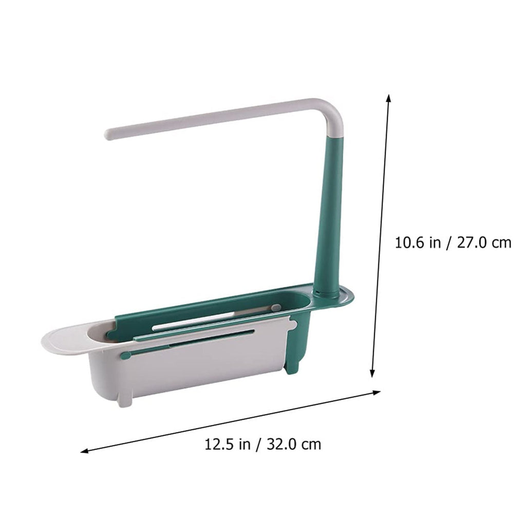 White expandable dish drying rack extending over a kitchen sink, demonstrating its adaptability for different sizes.
