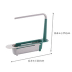 White expandable dish drying rack extending over a kitchen sink, demonstrating its adaptability for different sizes.
