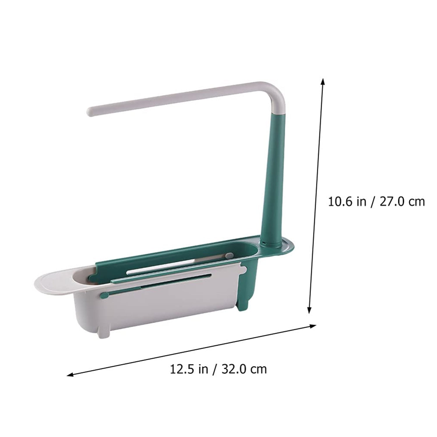 White expandable dish drying rack extending over a kitchen sink, demonstrating its adaptability for different sizes.