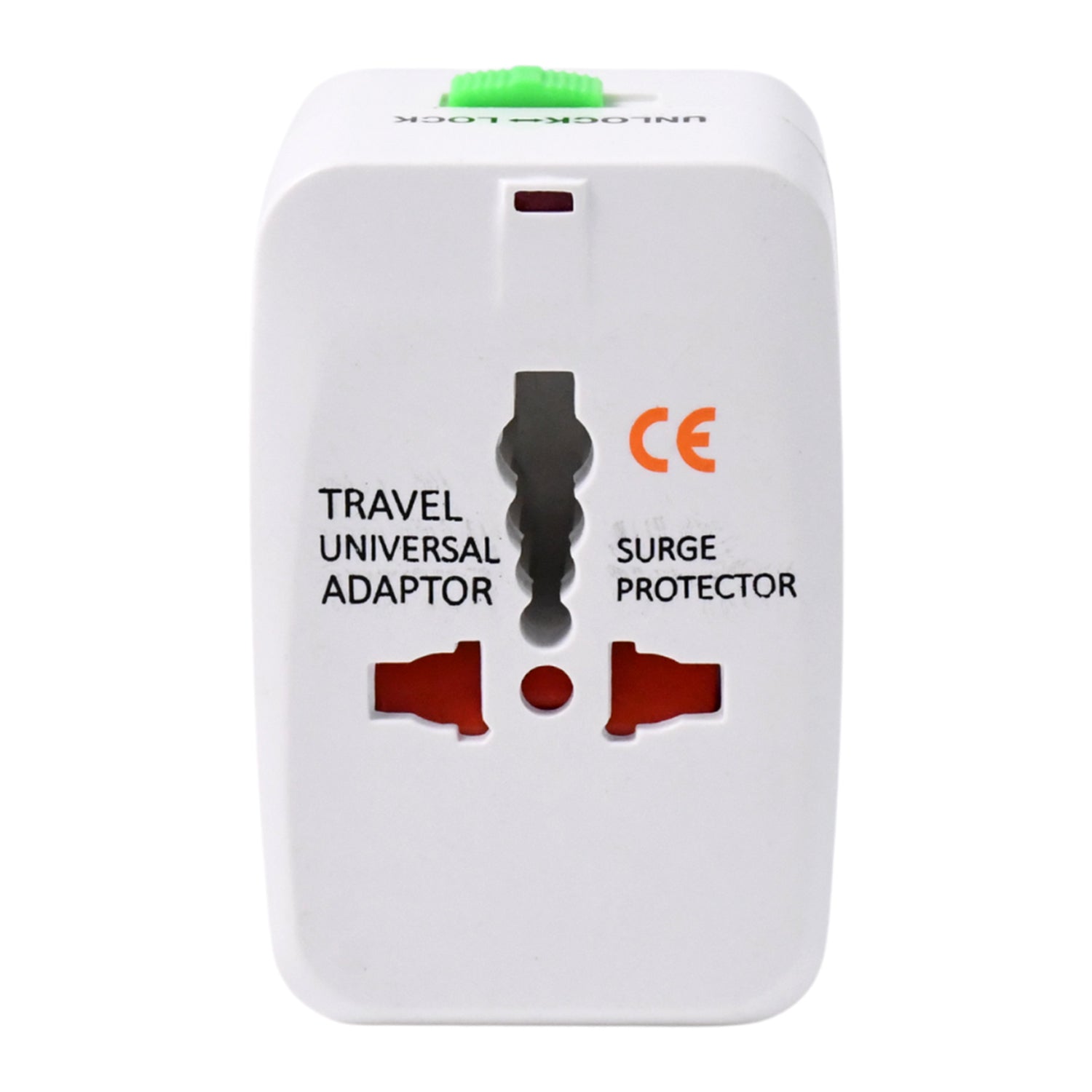 Close-up of universal travel adapter sockets and LED surge protection indicators