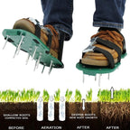 Person wearing the Lawn Aerator Sandals while walking on a green lawn, demonstrating use.