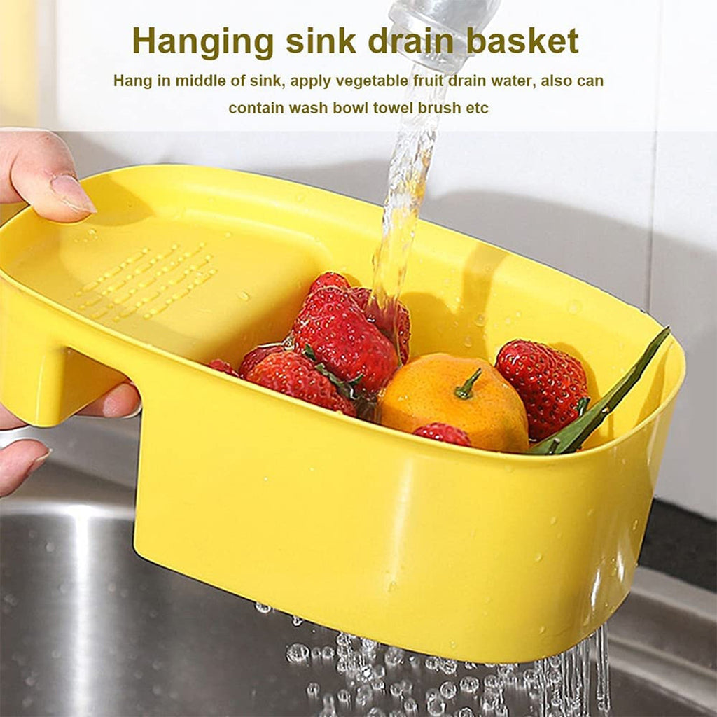 Plastic sink basket and dish drying rack holding bowls and fruits.