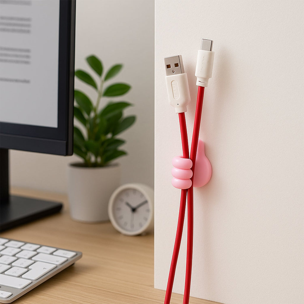 Close-up view of pink hand-shaped cable and key holder made of silicone