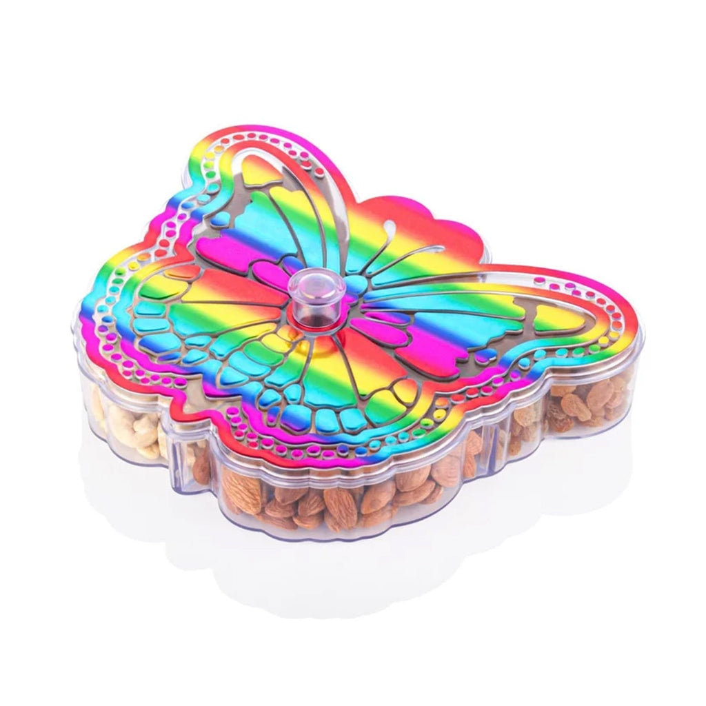 Side profile of the 4-compartment butterfly dry fruit container on a dining table.