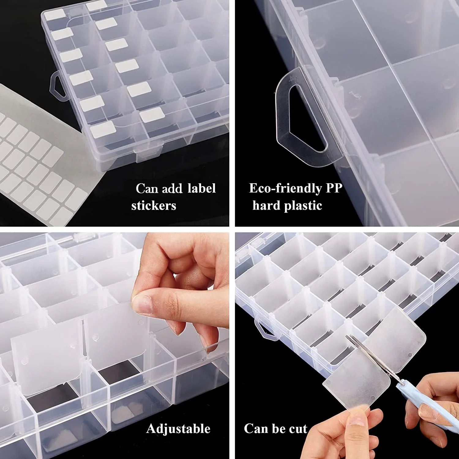 Close-up of the 36-grid plastic organizer box, showing adjustable compartments.