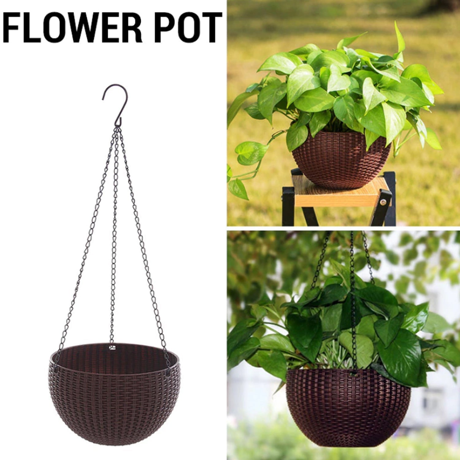 Six hanging plastic planters suspended at different heights, creating an attractive indoor plant display.