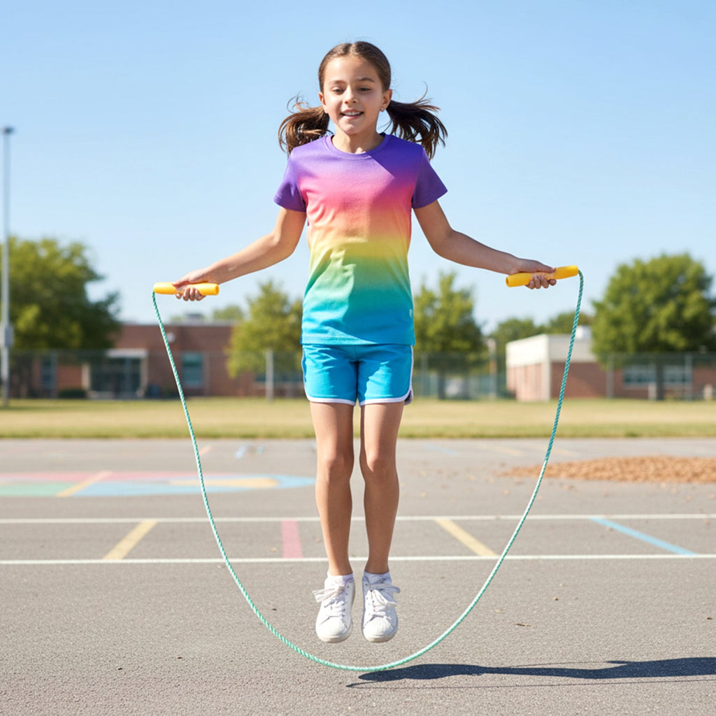 Set of kids skipping jump rope showing comfortable handles and rope