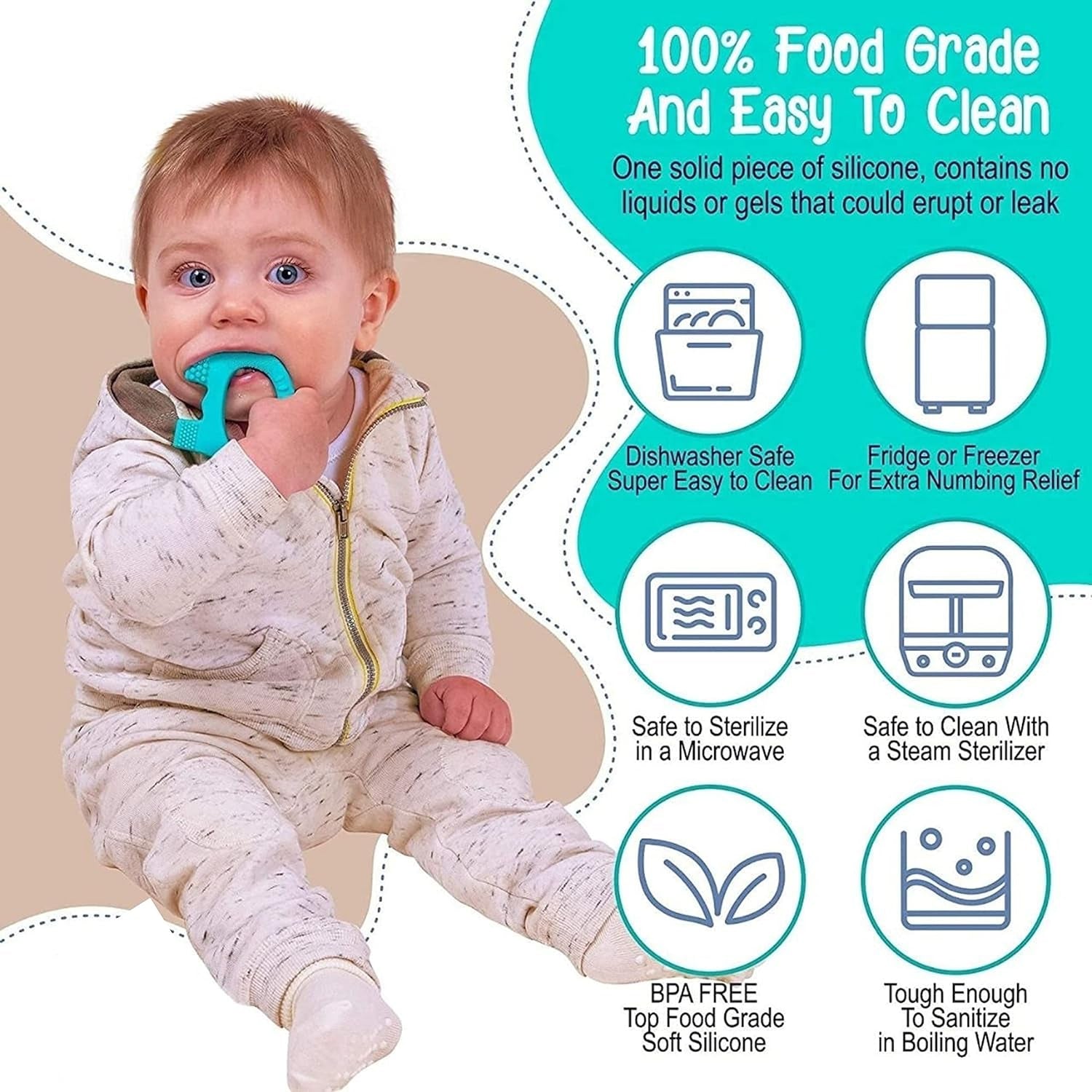 Blue silicone teether featuring textured bumps for soothing baby gums.