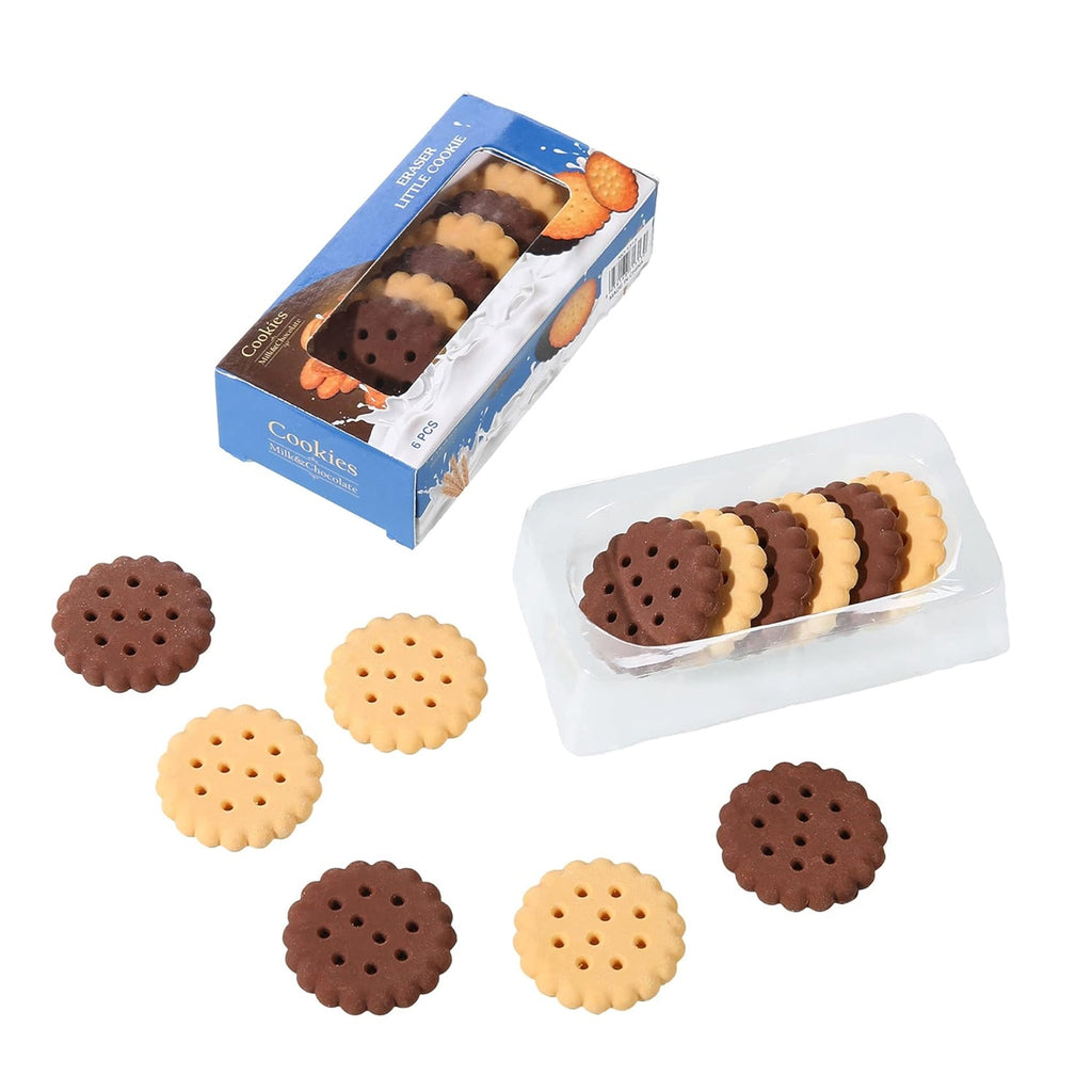 Assorted biscuit erasers arranged on a white surface, showcasing various shapes and sizes.