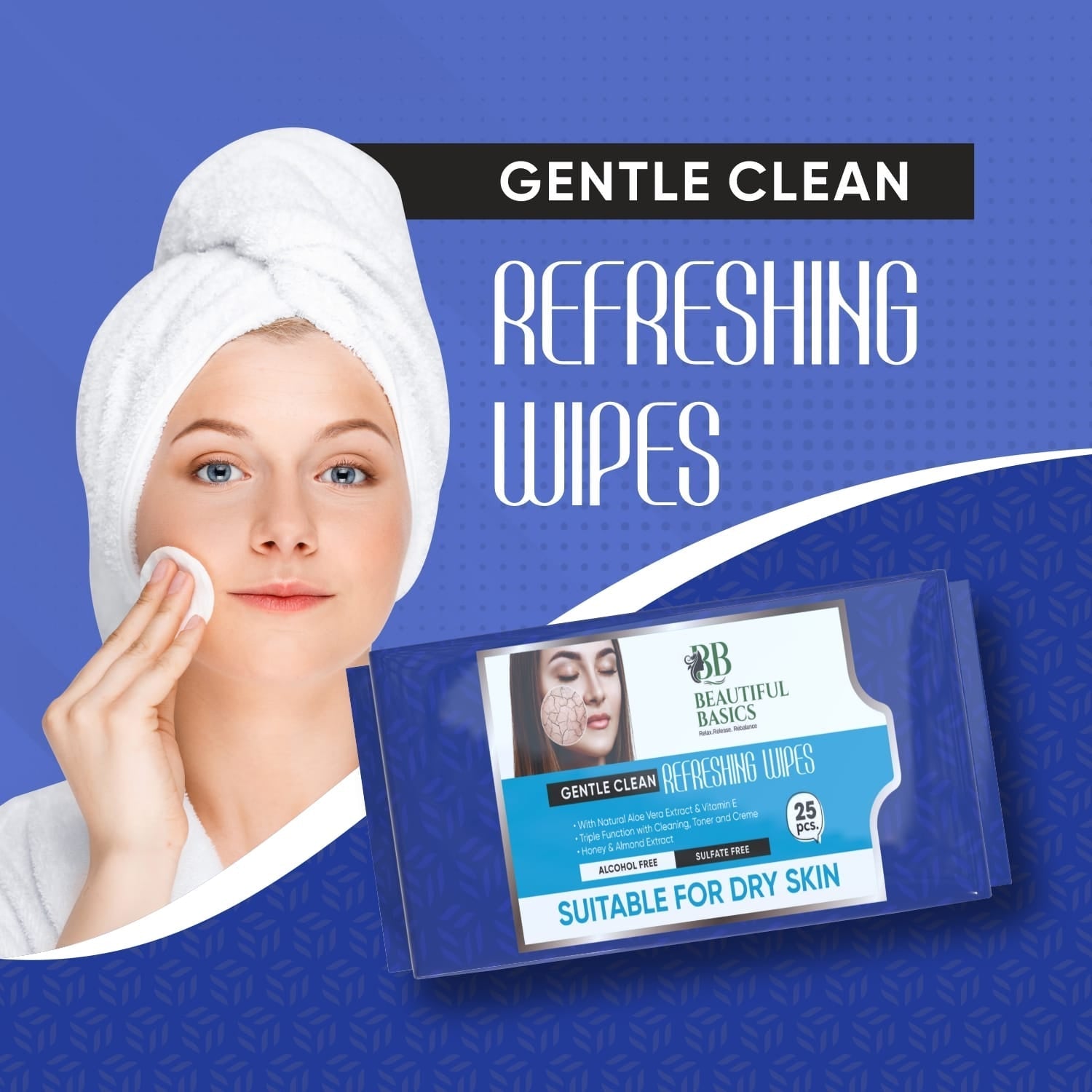 Hand pulling a refreshing alcohol-free wet wipe from the pack, showing moisture.