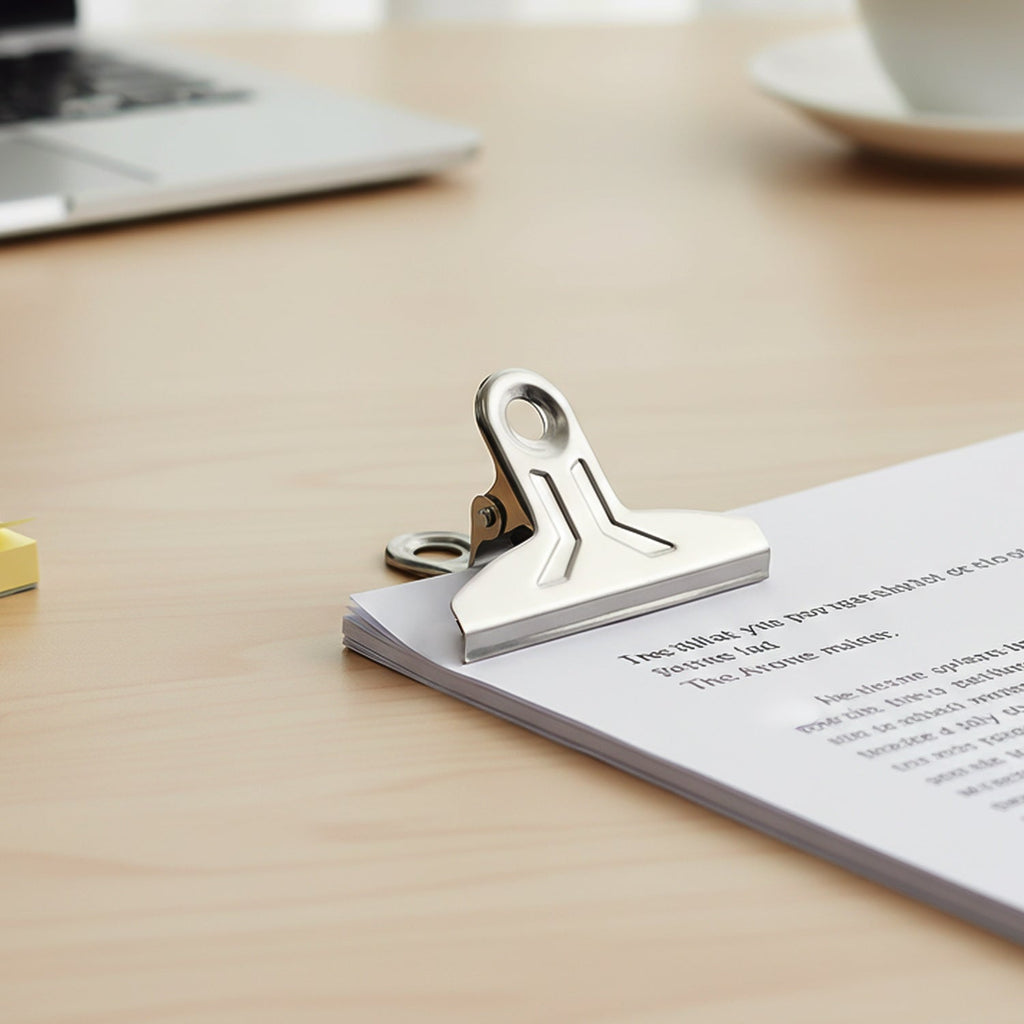 Close-up of strong metal spring paper clamp clip in action
